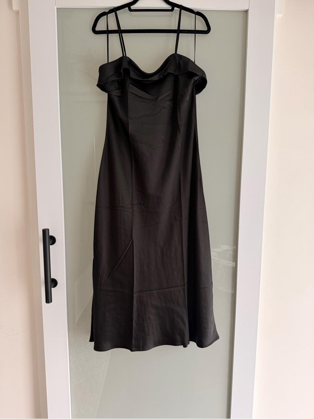 Elegant Black Satin Slip Dress with Ruffle Neckline by House of Harlow